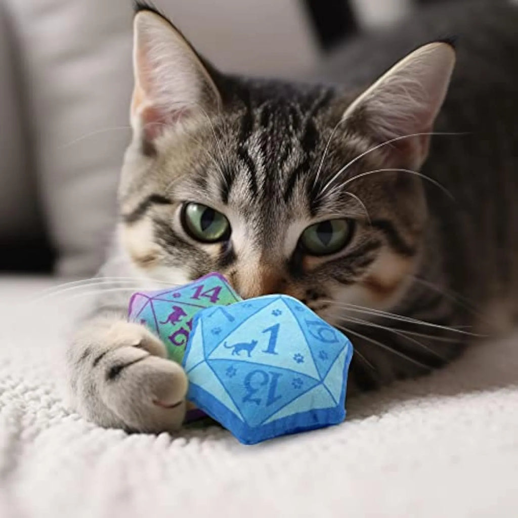 Blue dice catnip toy made of soft plush flannelette with organic catnip, designed for DND-themed interactive cat play