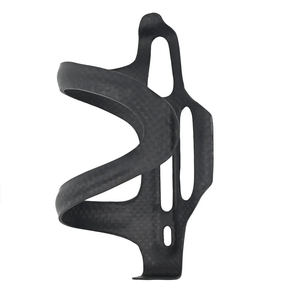 Black all-carbon fibre side pull water bottle cage for bicycles, showing mounting holes.
