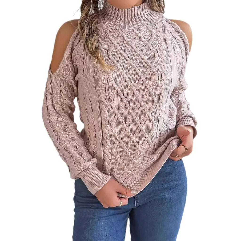 Women's strapless twist pattern sweater with half-high collar and long lantern sleeves