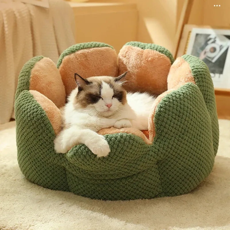 Green cactus petal shaped soft plush pet bed with cave-like opening and non-slip bottom, size L for pets up to 7.5kg