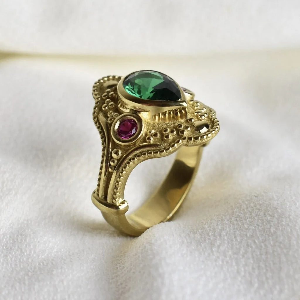 Gold-plated geometric women's fashion ring with ins style design on a plain background.