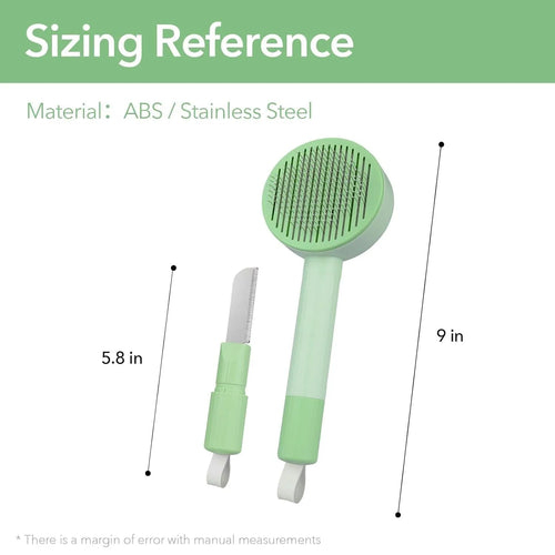 Green 2-in-1 pet grooming brush with stainless steel teeth and hanging loop for cats and dogs