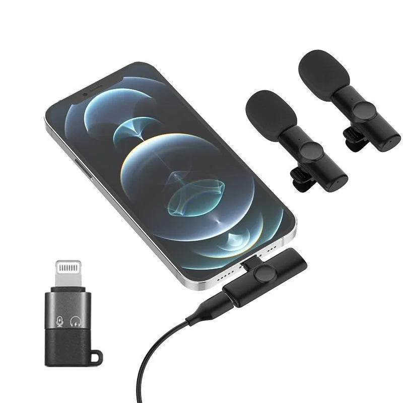 A wireless lavalier clip-on microphone attached to a shirt collar for hands-free video recording.
