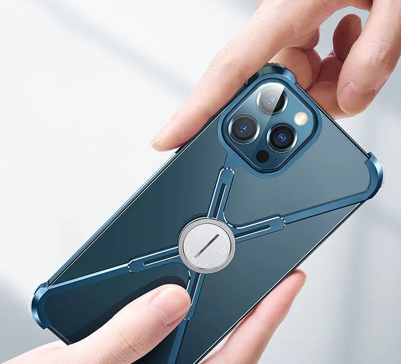 Silver X-shaped metal phone case for iPhone 12 Pro with four airbag corners and magnetic holder