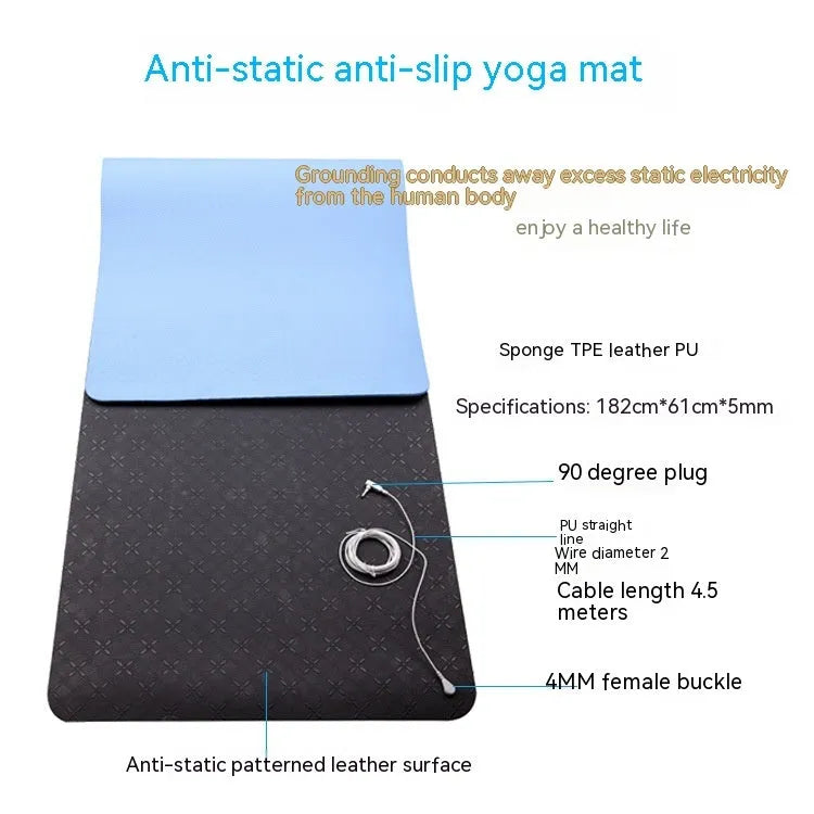 Blue yoga mat with plants pattern and a black grounding wire attached.