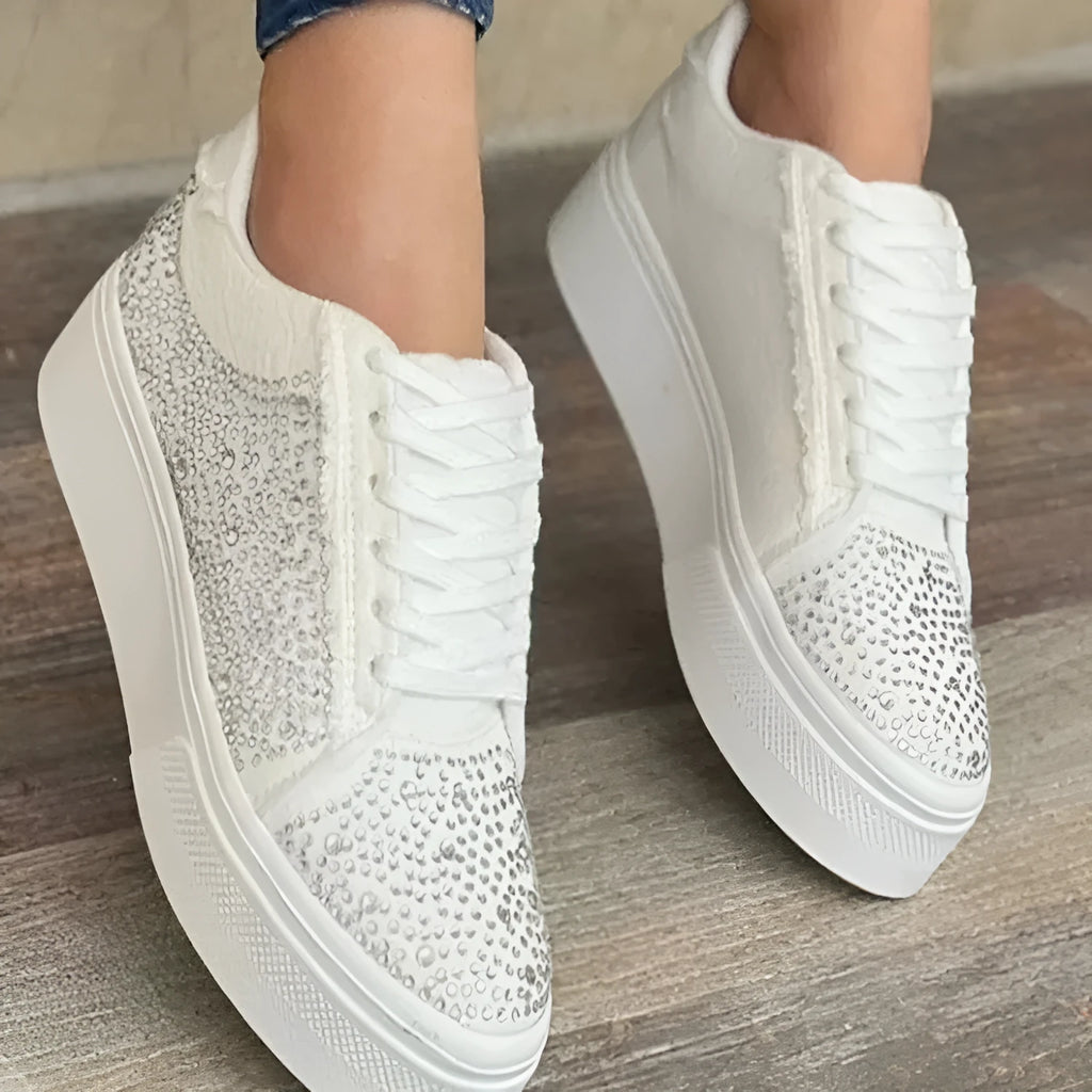 Plus size women's black casual lace-up shoes with rhinestone detail and a thick rubber chunky heel.