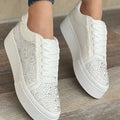 Plus size women's black casual lace-up shoes with rhinestone detail and a thick rubber chunky heel.