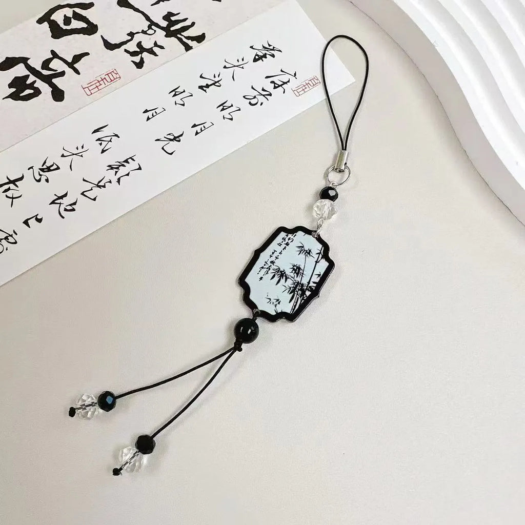Chinese style floral pendant keychain with glossy baked varnish finish on a bead base