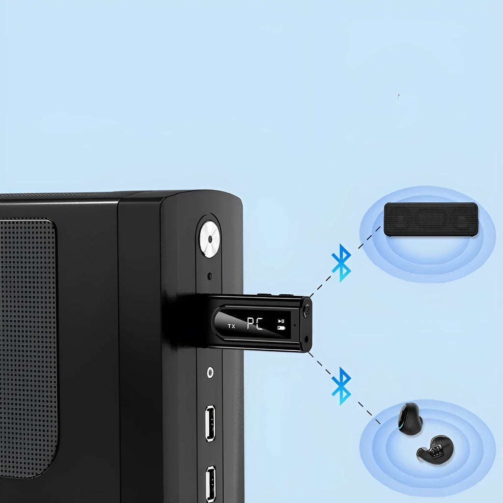 Black USB car FM Bluetooth receiver with USB and AUX ports for MP3 playback and wireless audio streaming
