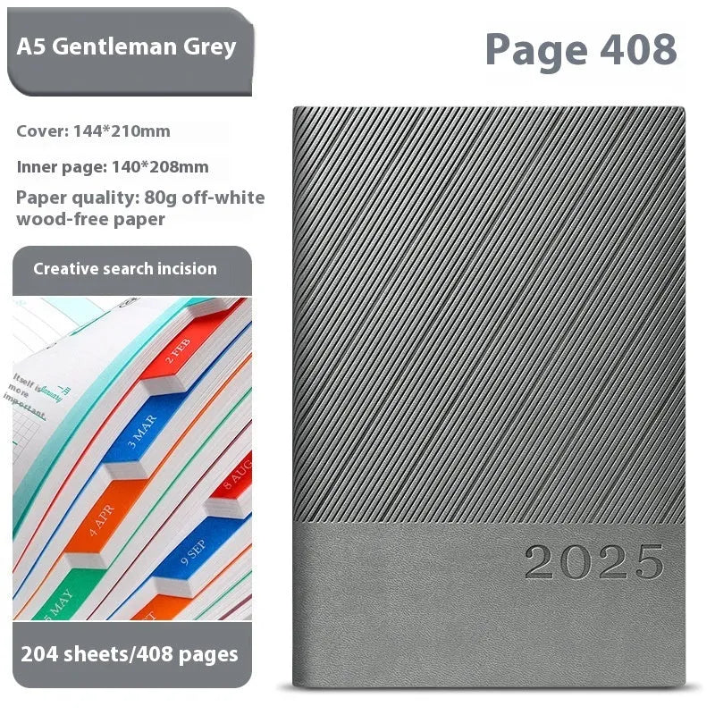 A5 business notepad with striped PU leather cover open on 80g wood-free paper, shown in Sky Blue colour.
