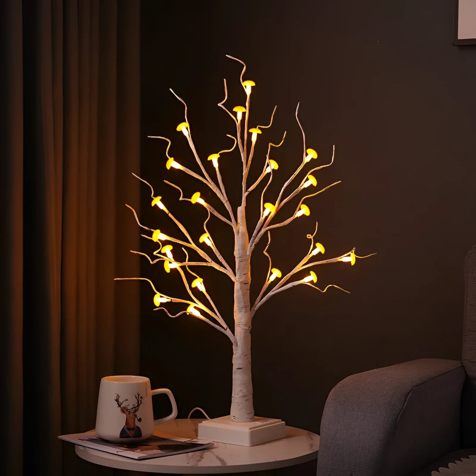 60cm tall white mushroom tree lamp with warm LED lights and small detachable red mushroom flowers on birch branches.