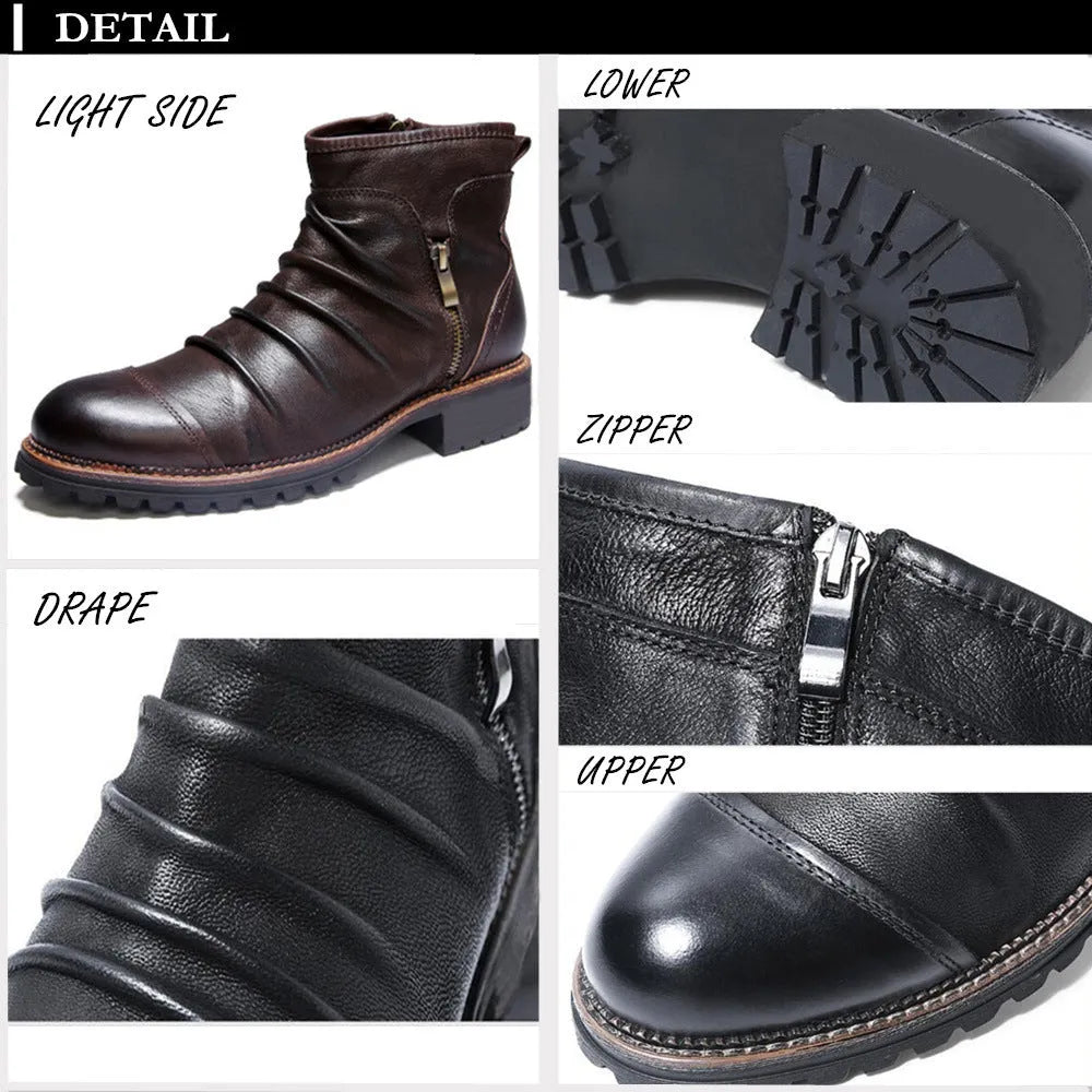 Black PU leather cowboy boots with side zipper and a mid-level heel.
