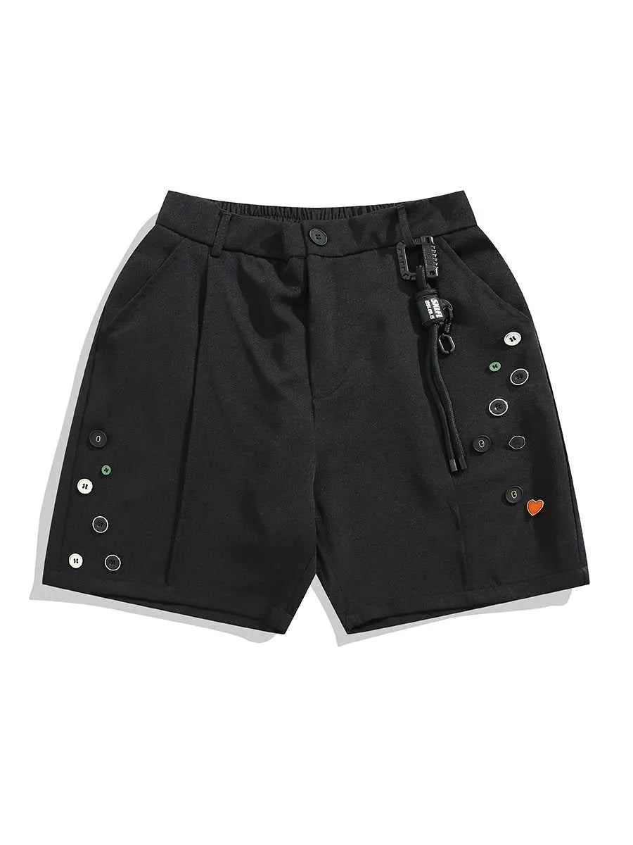 Black loose-fit men's shorts with a semi-elastic waistband and zipper fly, shown above the knee.