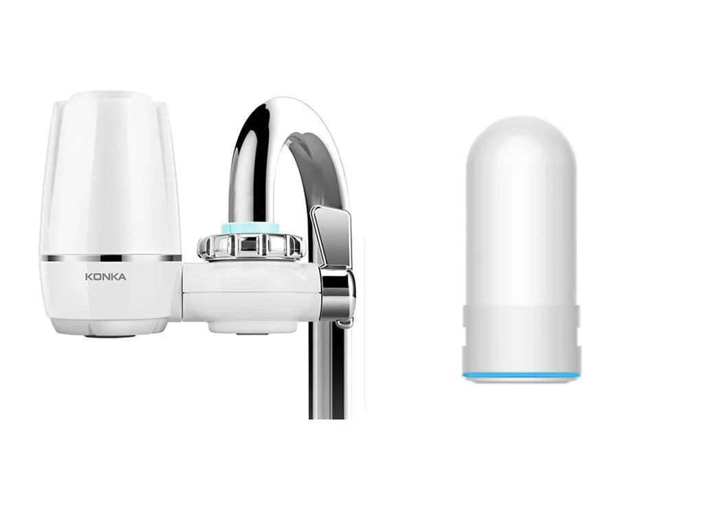 White kitchen tap water filter with ceramic cartridge and universal adapter fittings