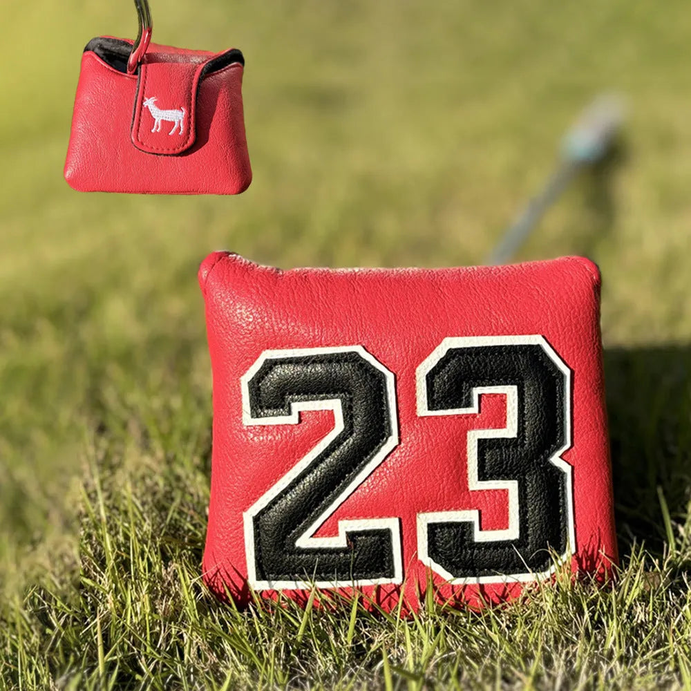 Set of PU golf club head covers in various colours including red, black, white, and yellow sleeves for woods and a square putter