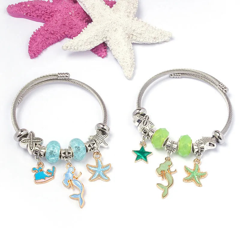 DIY open-end adjustable blue ocean series mermaid pendant bracelet multi-colour beaded alloy jewellery for women