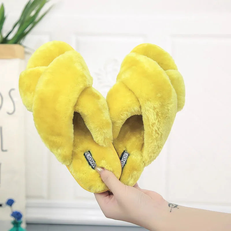 Cross open-toe fur slippers with patterned non-slip sole in multiple colour options