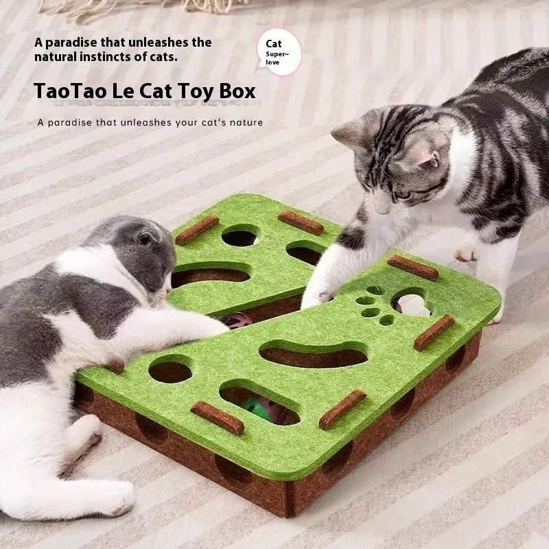 Cat toy felt box with stuffy hole, 30cm wide, in green brown