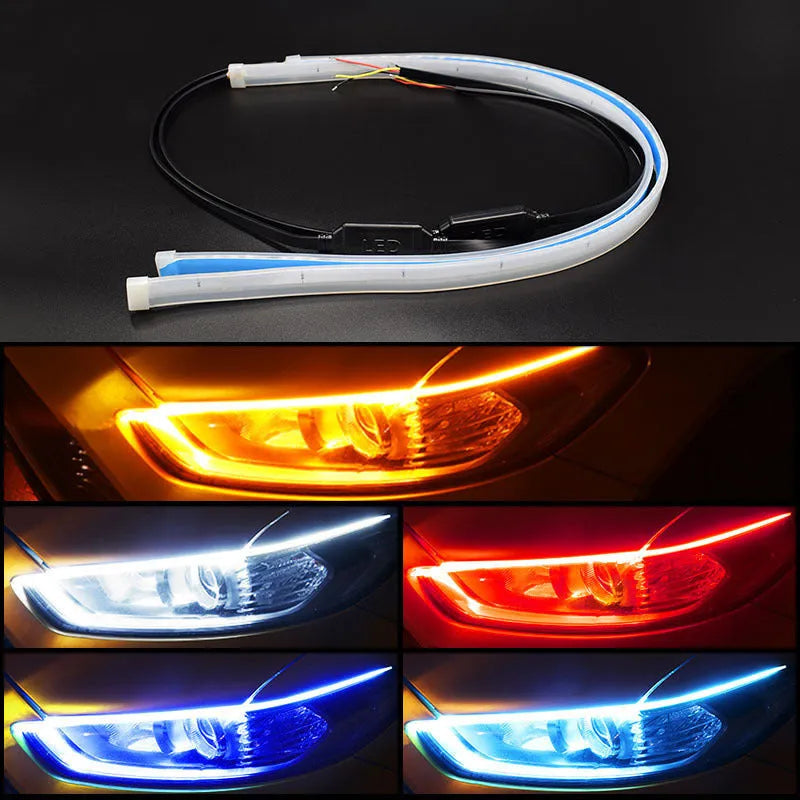 Waterproof silicone LED strip for car daytime running lights and flowing turn signals in multiple colours.
