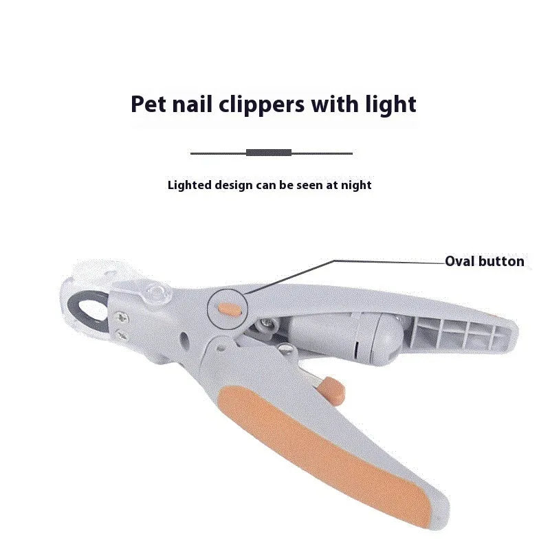 Pet nail clipper with LED light for dogs and cats, ABS plastic body, size 14.5 x 9 x 2.8 cm