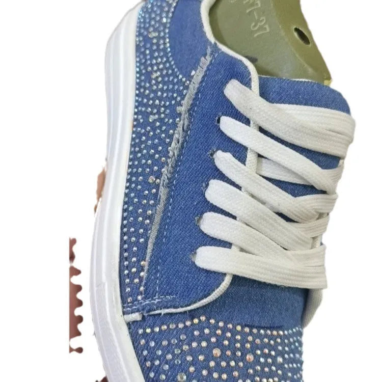 Plus size women's black casual lace-up shoes with rhinestone detail and a thick rubber chunky heel.