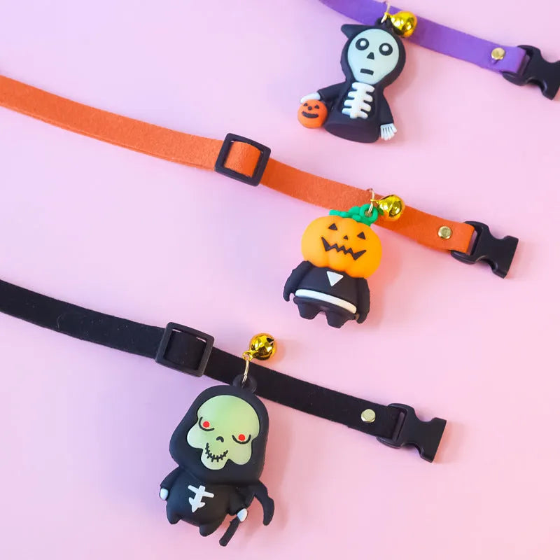 Halloween pet collar decoration showing pumpkin man, luminous brat, and luminous skull designs with sizing options