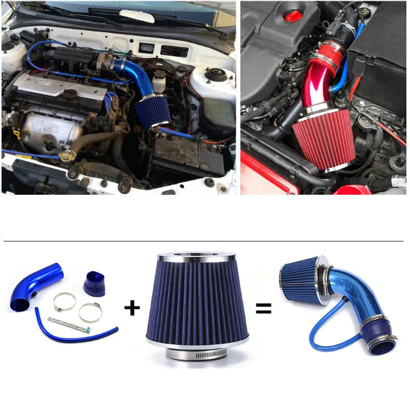 Car high flow air intake package with mushroom head filter and aluminium alloy pipe in carbon fibre pattern