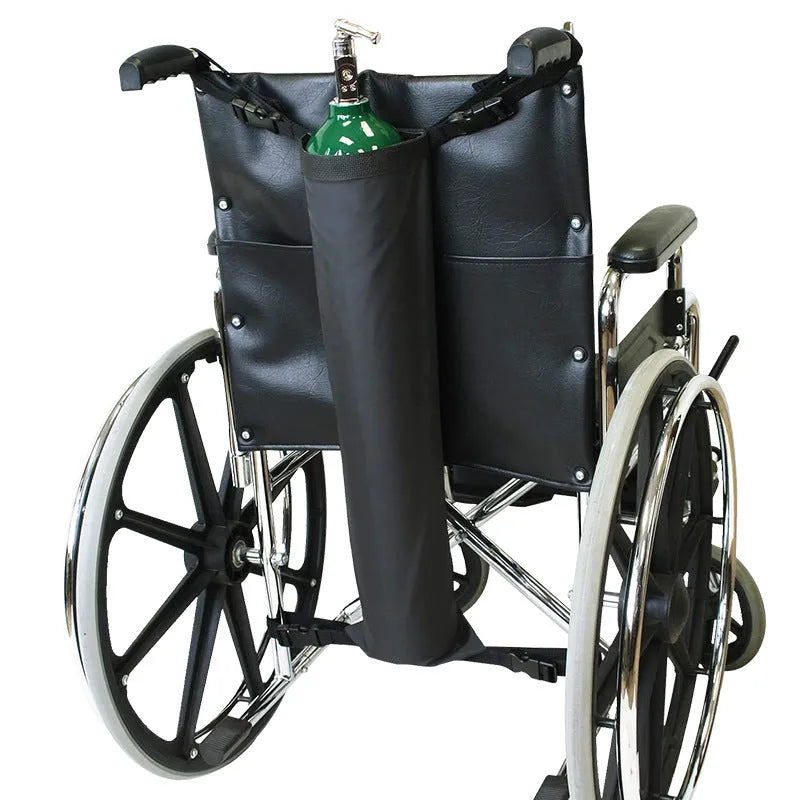 Black cylindrical wheelchair pannier bag made from 600D Oxford cloth for carrying an oxygen cylinder.