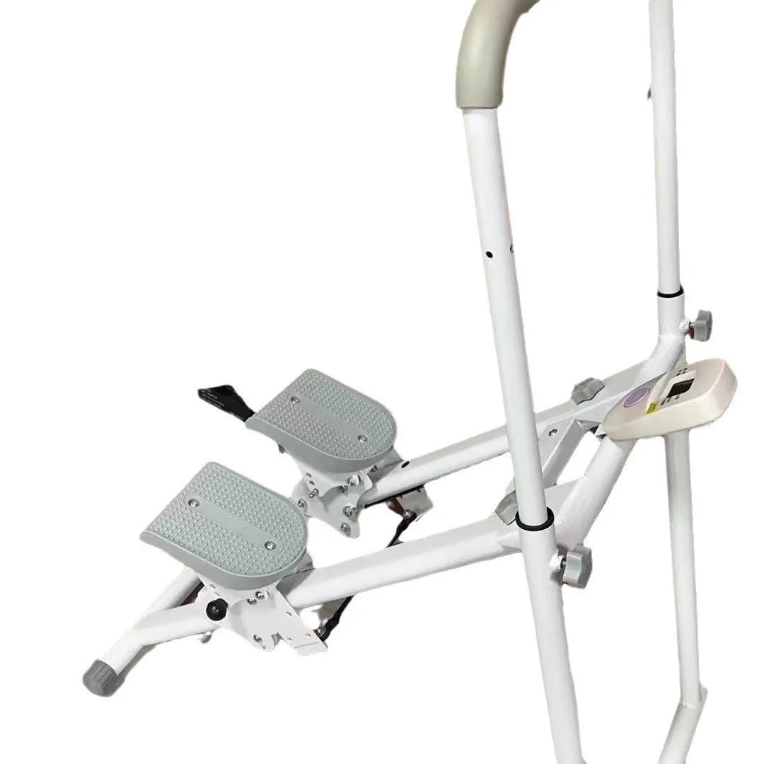 Foldable white treadmill with integrated climbing frame for home fitness workouts
