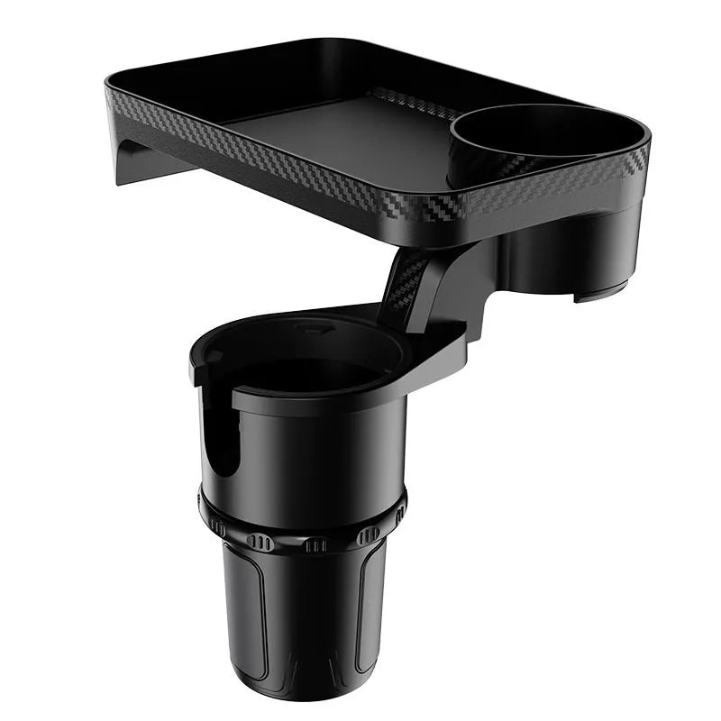 Black ABS plastic car-mounted rotating dinner tray holder attached to vehicle cup holder