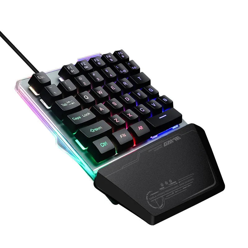 Black one-handed mechanical gaming keyboard with RGB backlit keys and USB cable