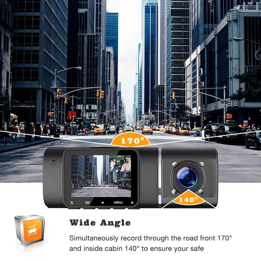 Standard black dual dash cam unit with 1.5-inch screen, shown with car charger and mounting stand.