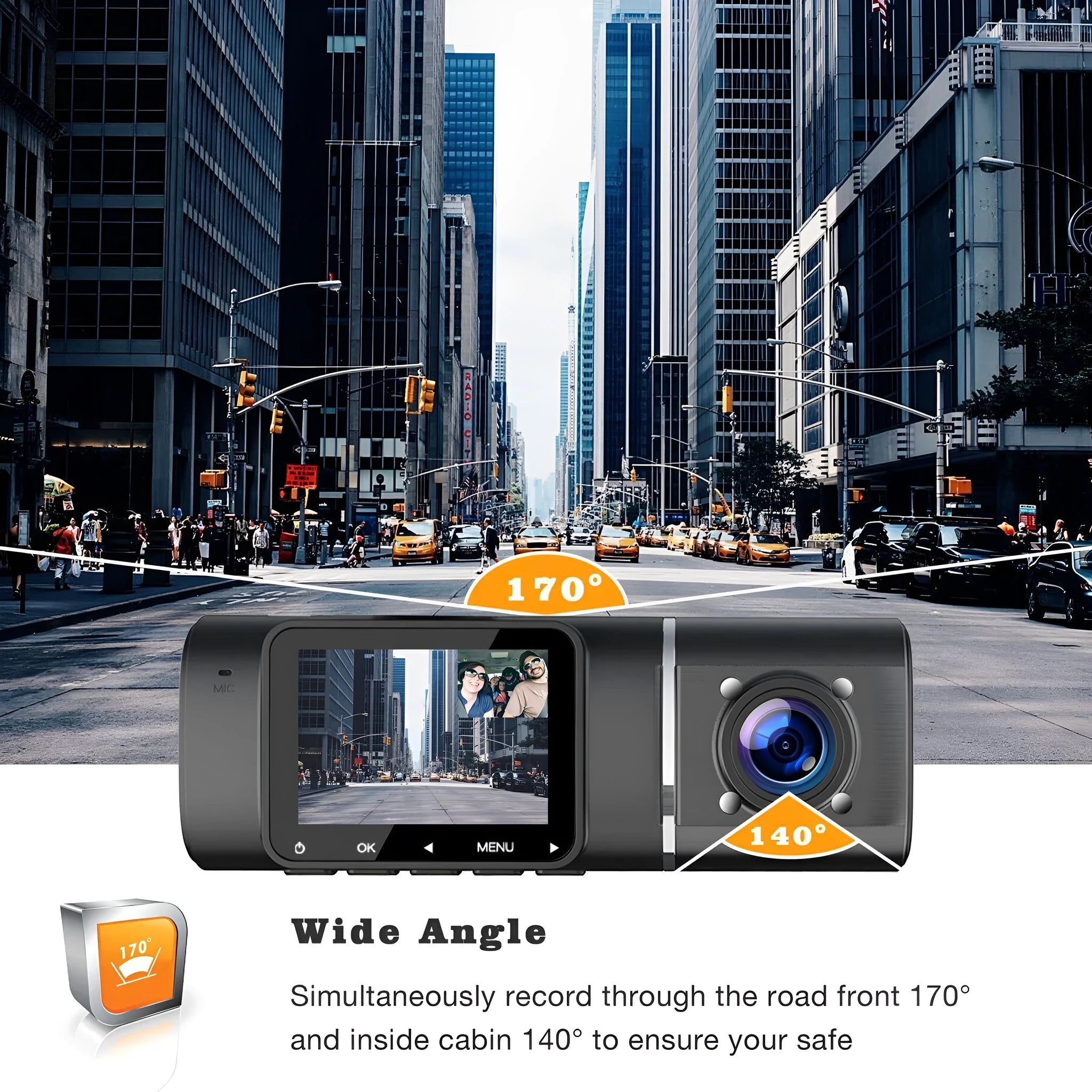 Standard black dual dash cam unit with 1.5-inch screen, shown with car charger and mounting stand.