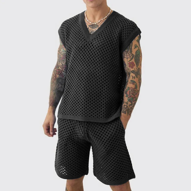 Men's blue cotton V-neck knitted vest and matching shorts set on a white background.