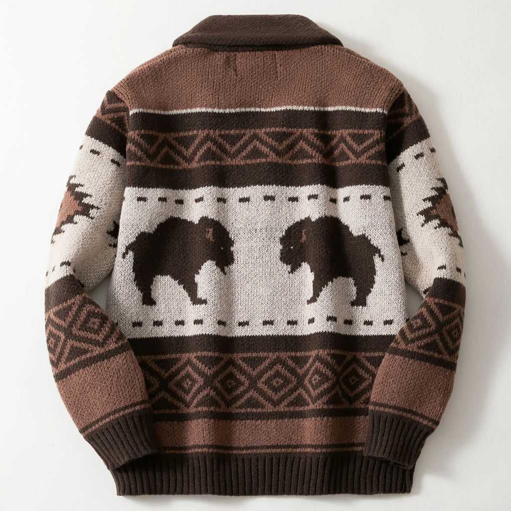 Men's brown retro jacquard knit cardigan with long sleeves, thickened polyester fabric, straight fit