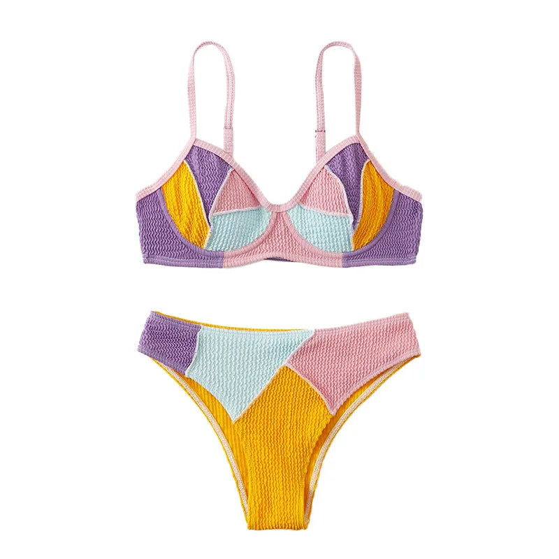 Ladies backpack stitching steel bracket push up bikini set in splicing colour, front view on model