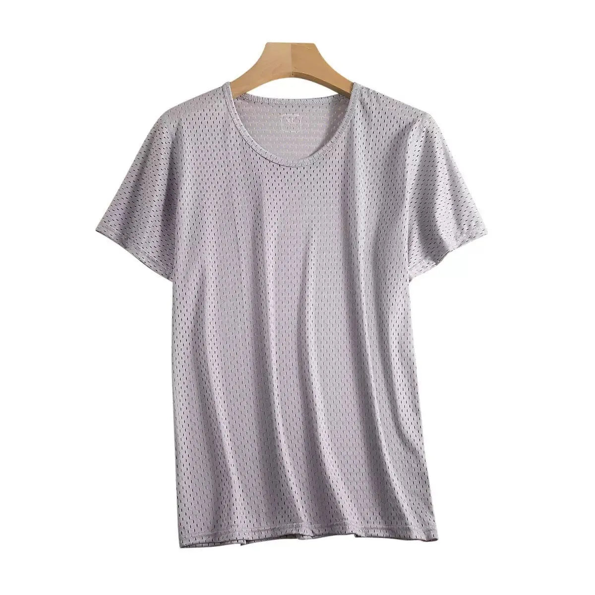 Men's ice silk short sleeve t-shirt in solid colours showing crew neck and loose fit construction