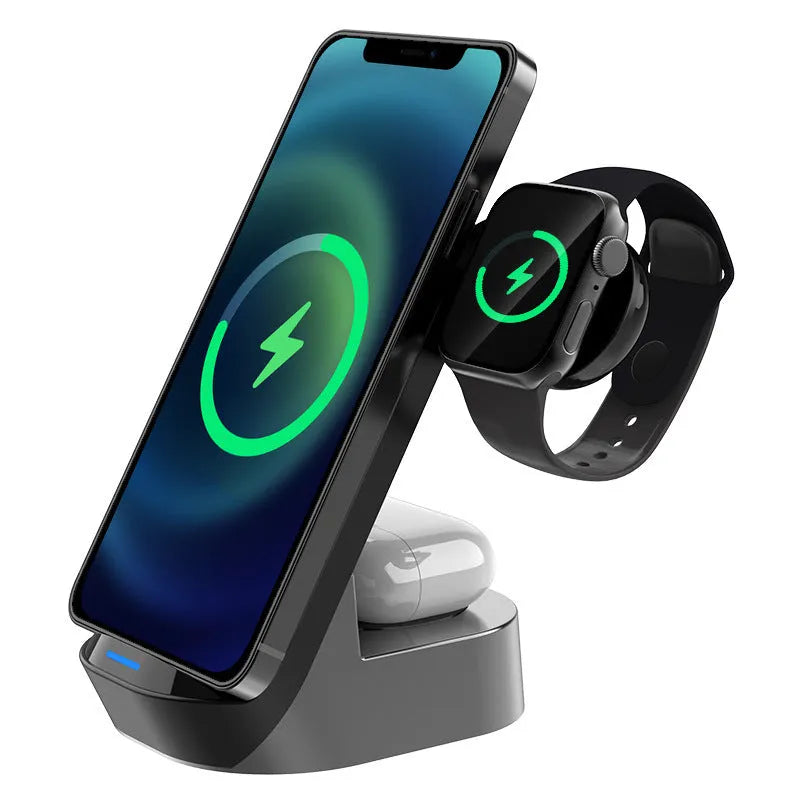 Black grey foldable 3-in-1 wireless charging vertical stand showing phone, watch and headphones charging simultaneously
