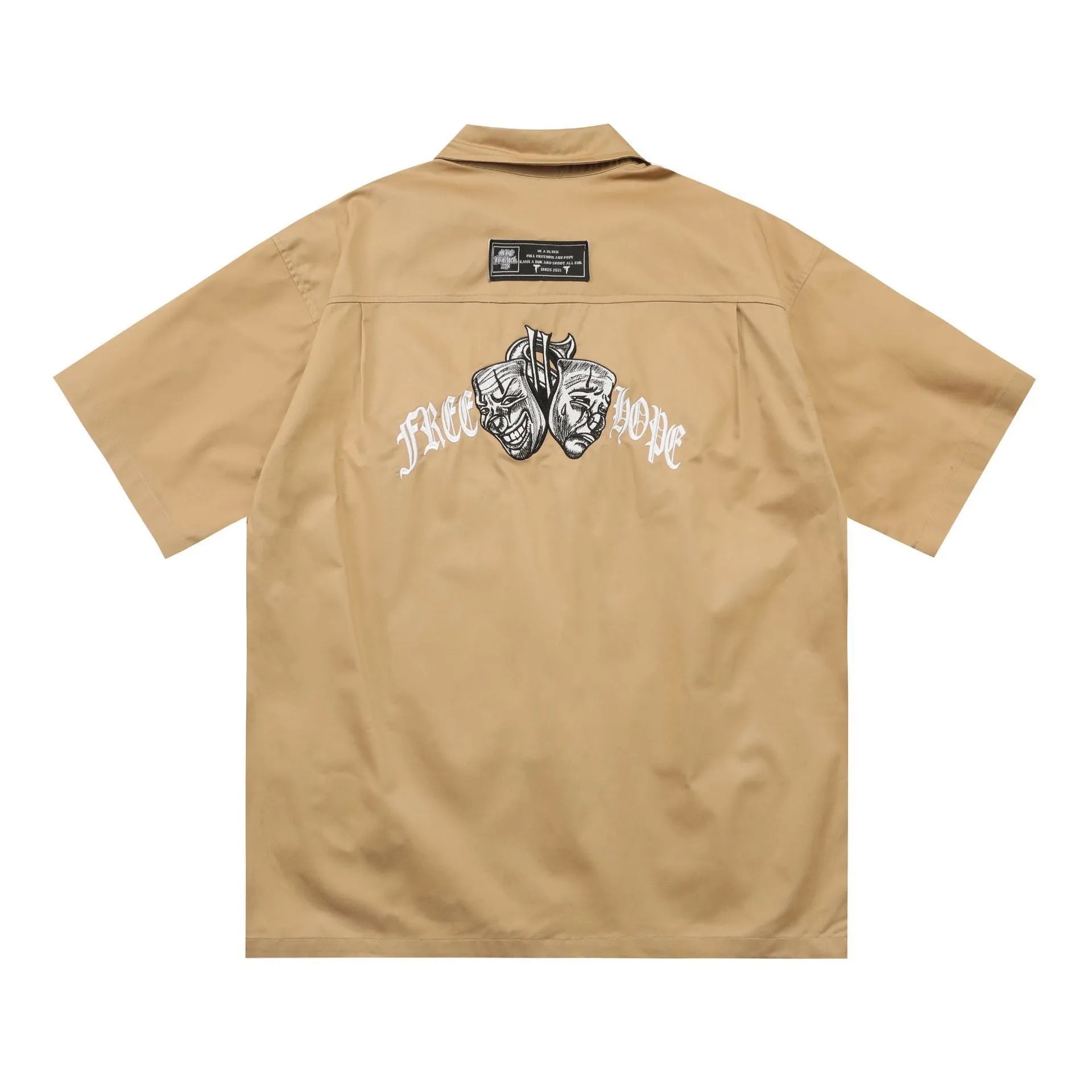 Men's cotton blend loose-fit pocket shirt with embroidery, half sleeve, in black and khaki, sizes M to XXL
