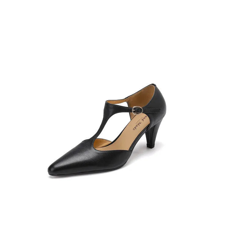 Brown retro women's T-strap sandals with closed toe, chunky block heel, and buckle fastening