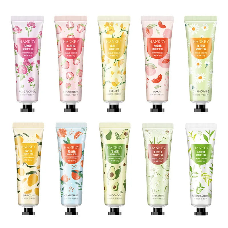 30g tube of fruit-infused hand moisturising cream with ten scent varieties