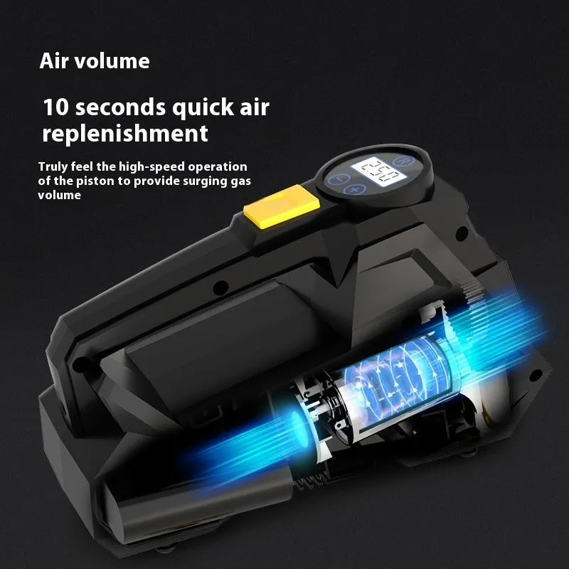 Black portable electric tyre inflator with digital display for car tyre inflation