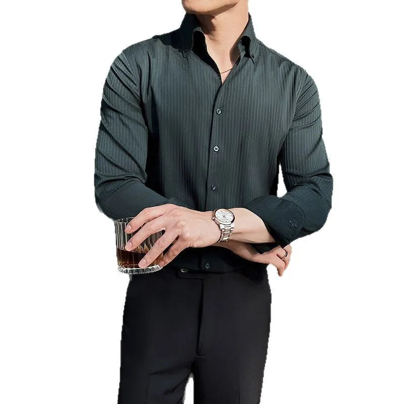 Men's dark striped V-neck long sleeve shirt in chemical fibre blend fabric