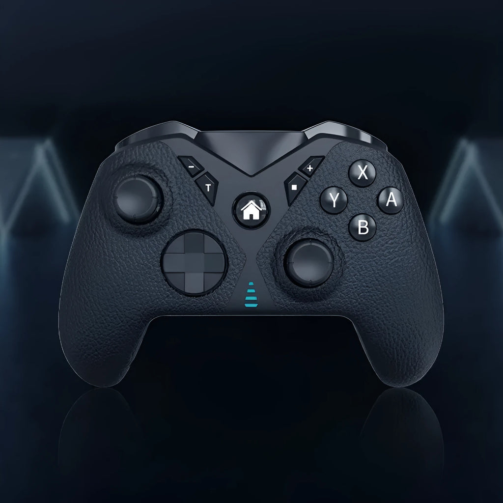 Black wireless game controller with textured grip for Nintendo, smartphone, and PC use