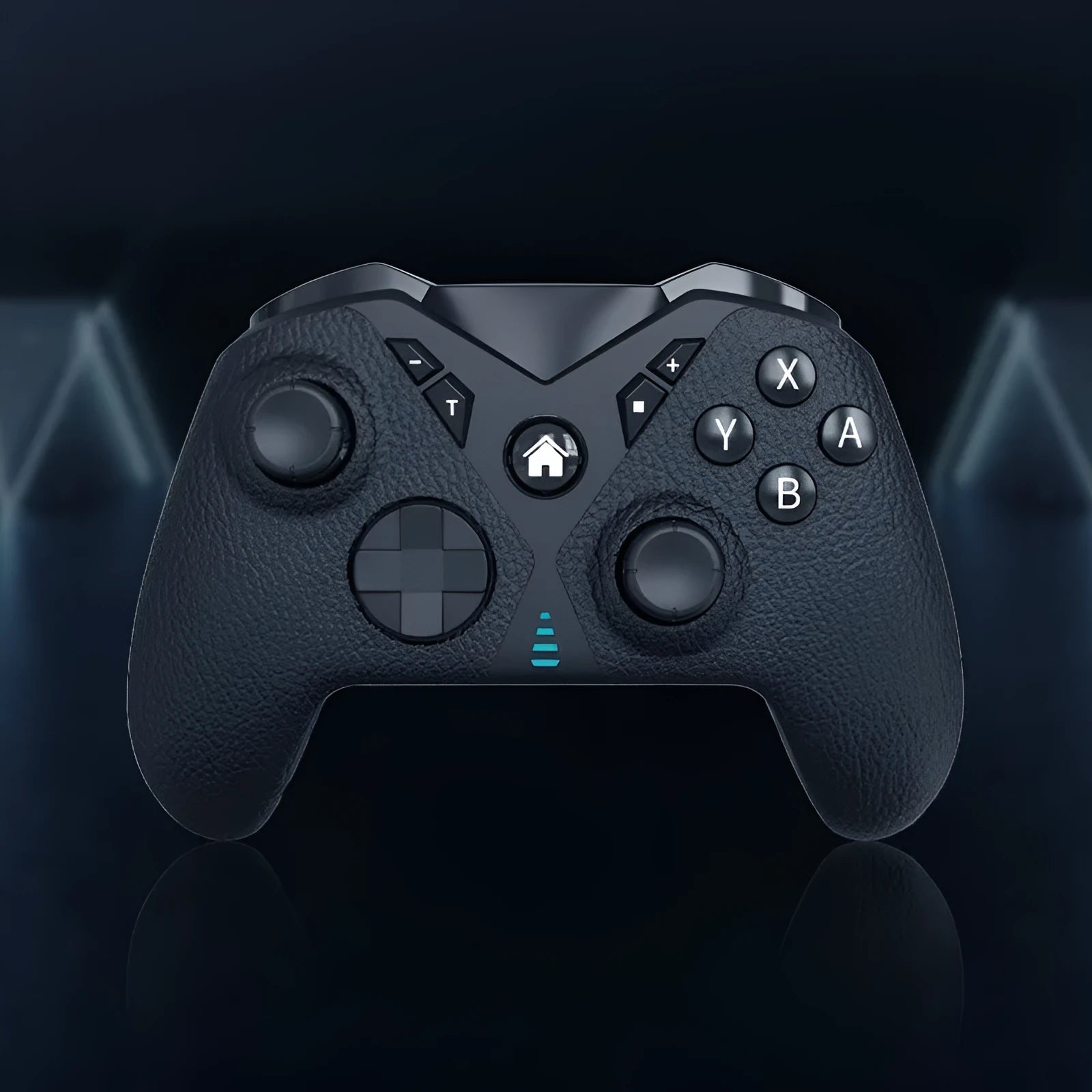 Black wireless game controller with textured grip for Nintendo, smartphone, and PC use