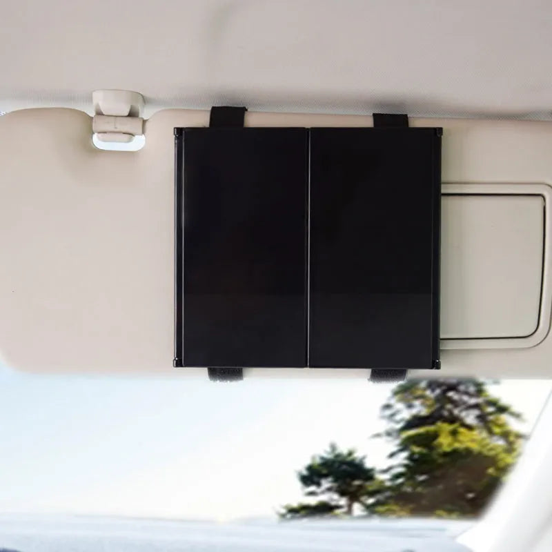 Silver car folding makeup mirror showing compact and opened positions