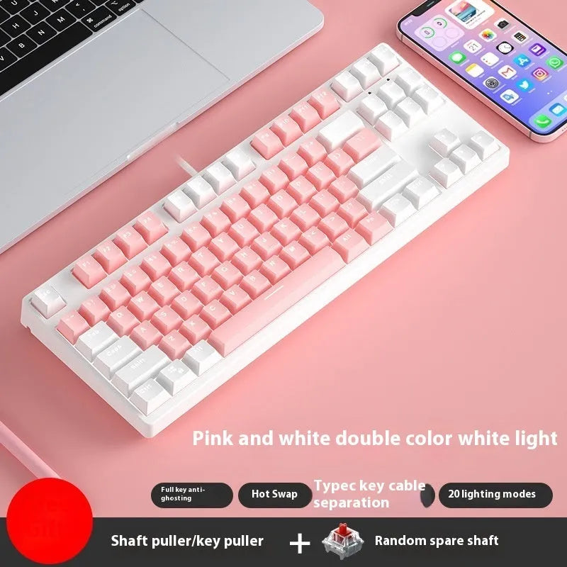 87-key wired mechanical gaming keyboard with colourful keycaps on a metal frame, shown with key puller and cable.