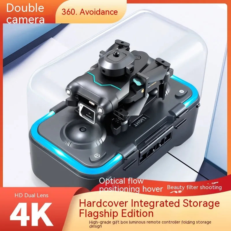 S96-black mini drone with 4K single camera on a table showing plastic four-axis design and compact size