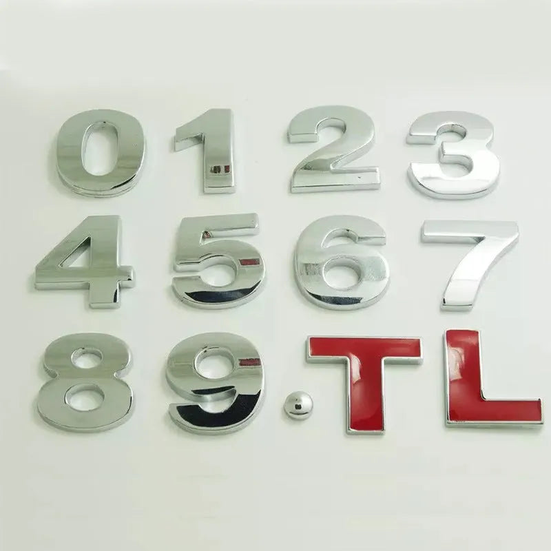 3D metal car letter stickers in zinc alloy showing raised alphabet letters for vehicle customisation