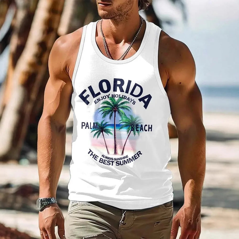 Men's solid colour polyester sleeveless vest or tank top on a hanger.